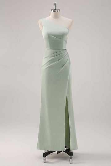 Simple Satin Sage Green One Shoulder Bridesmaid Dress with Slit